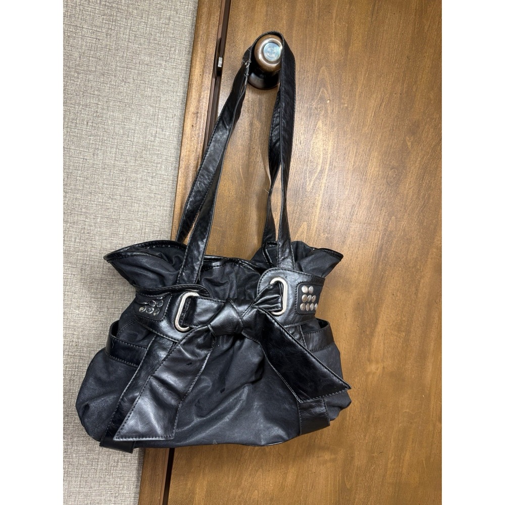 Vintage Y2K Attention Bling Studded Shoulder Bag Purse With Bow Drawstring Black